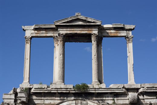 Hadrian's marble Arch (Pyli Adrianou) in Athens, Greece, erected by the emperor Hadrian in AD 131 to mark the division between the ancient Greek city and the modern Roman one.