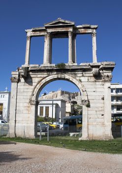 Hadrian's marble Arch (Pyli Adrianou) in Athens, Greece, erected by the emperor Hadrian in AD 131 to mark the division between the ancient Greek city and the modern Roman one.