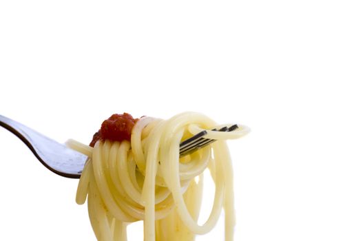 freshly made spaghetti rolled on fork, isolated on white