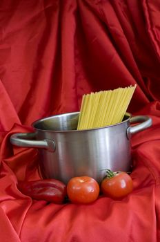 shiny silver pot and spaghetti, on red background