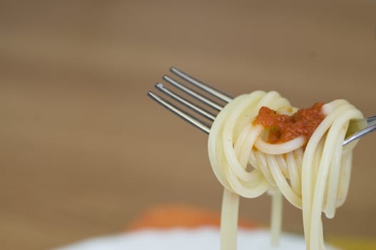 freshly made spaghetti rolled on fork