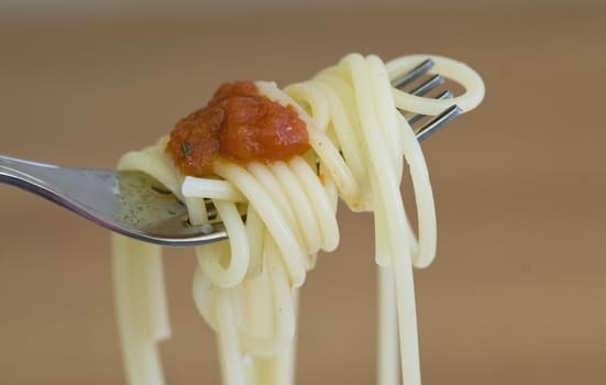 freshly made spaghetti rolled on fork