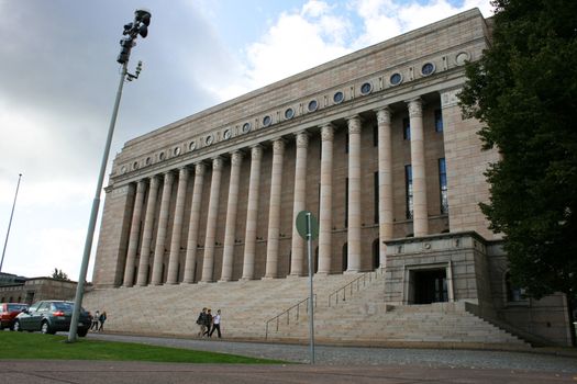 The Eduskuntatalo (in Finnish), or Riksdagshuset (in Swedish), is the building in which the Parliament of Finland meets. It is located in the Finnish capital of Helsinki.