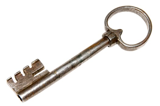 Old rusted key isolated on white background close-up.