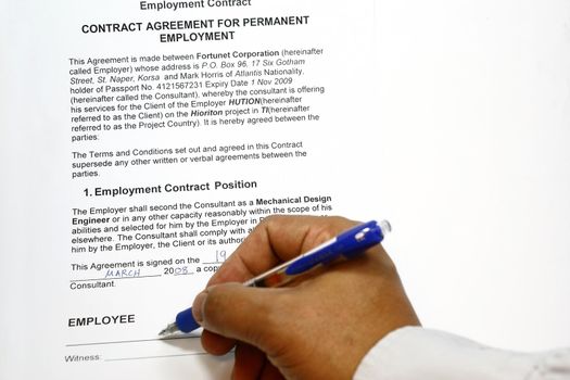 Employment Contractconcept - signing of documents Note that all data in the documents are fiction.