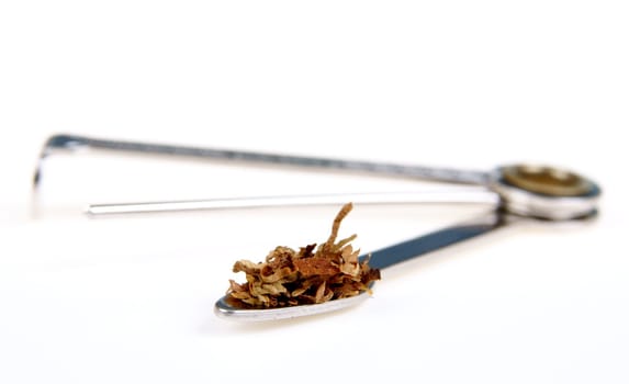 Metal Tolbox of pipe with tobacco isolated on white background