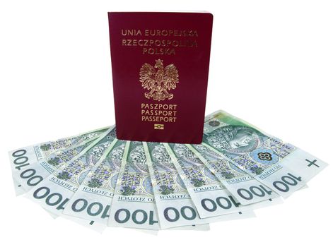 European Union passport and polish money isolated on white