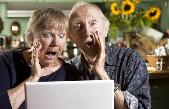 Shocked Senior Couple in their Dining Room with a Laptop Computer