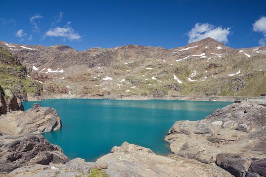 summer view of artificial Careser Lake in Stelvio National Park, Trentino, Italy