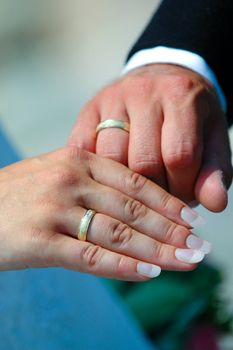 Rings and hands of brid and groom.