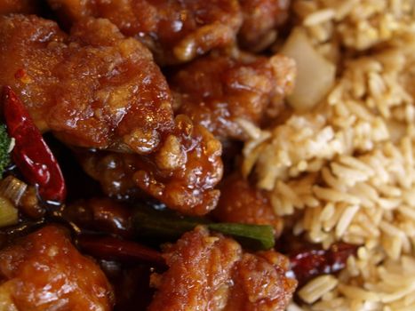 Chinese dinner shown up close and ready to eat