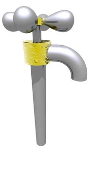 An illustration of a rough silver water faucet with gold trim.