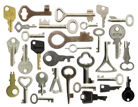 Collection of old keys isolated on white