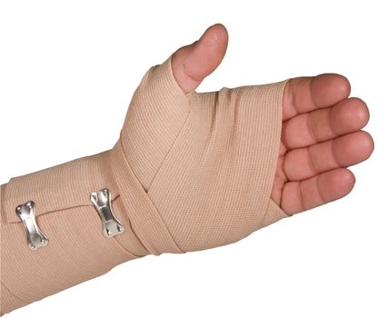 left hand wrapped in an ace bandage isolated with clipping path at this size