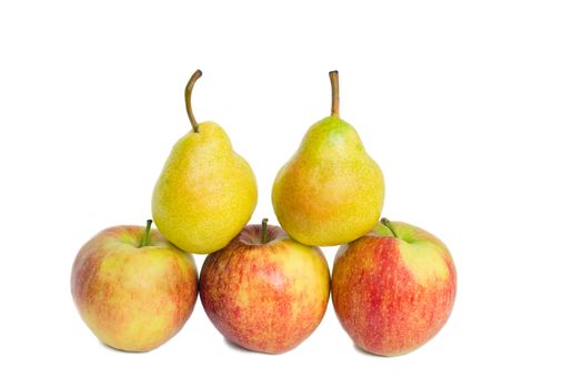 Three apples and two pears, isolated on a white background.