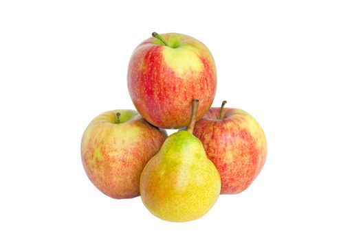 Three apples and pears, isolated on a white background.