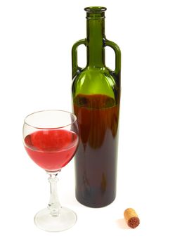 Red wine bottle, glass and stopper on withe background