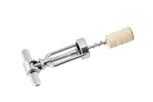 Close-up of a used, old corkscrew, still red from the wine