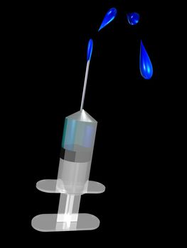 A syringe squirting a blue drug into the air while isolated on a black background.