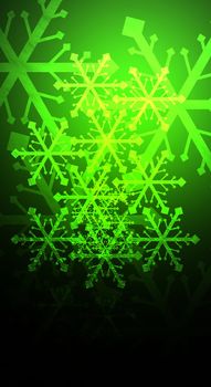 Icy snow flakes over a green, reflective background.