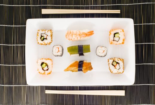 a plate with different kinds of sushi