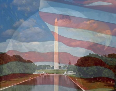 Flag, Eagle, Washington Monument. Composite of three photos taken by the author.

