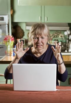 Shocked Senior Woman in Dining Room with a Laptop Computer