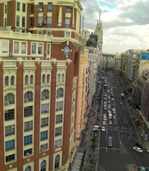 aerial view of the Gran Via, a street in the center of Madrid and part of the pedestrial precinct