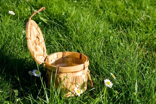 Wicker basket sitting in grass