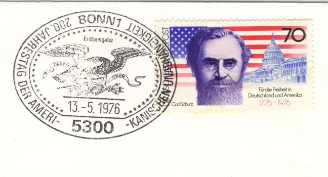 GERMANY - CIRCA 1976: vintage postmark and postage stamp on the occasion of 200 years of american independence, germany circa in 1976