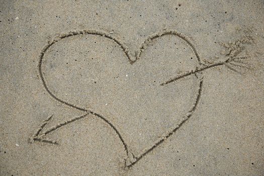 A heart drawn in the sand at the beach
