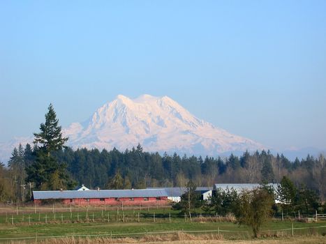 A shot of Mt. Rainier with a red barn in the foreground

