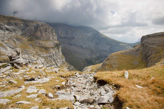 Path to big Canyon Anisclo  - Ordesa Nation Park in Pyrenees, Spain.Autumn dark day.