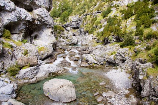 View on River Bellos in big Canyon Anisclo  in Ordesa Nation Park in Pyrenees, Spain. Autumn time.