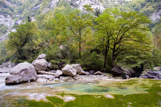 Wild view on Ordesa Nation Park in Spain. Autumn time. Canyon Anisclo.