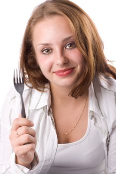 Beautiful girl posing with fork. Isolated on white.