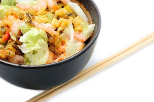 healthy food - rice, shrimps and vegetables in bowl