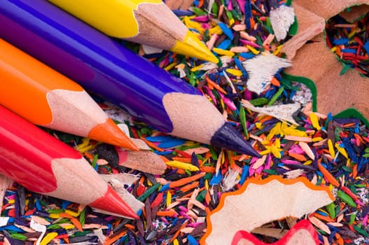 The multicolor pencils and wood shavings background