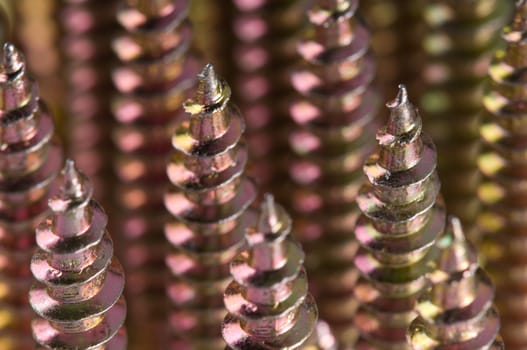 Close-up of golden screws as technology background
