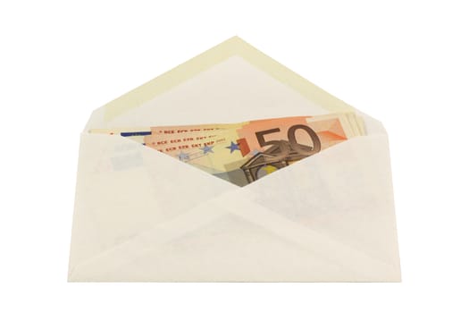 Envelope with 50 euro notes isolated in white