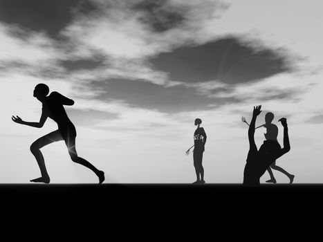 Silhouetted Zombies walking against a sky background.