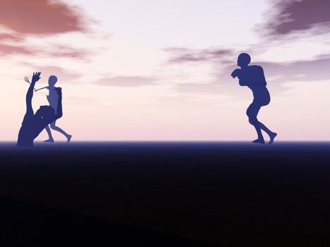 Silhouetted Zombies walking against a sky background.