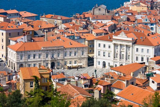 The Market Square in the Slovenian town Piran on the Adriatic Coast. Taken from a high vantage point with a telezoom lens.