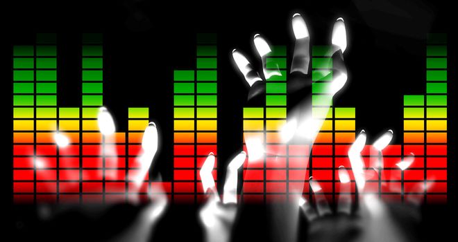 Outreaching hands overlaid over graphic soundwave bars.