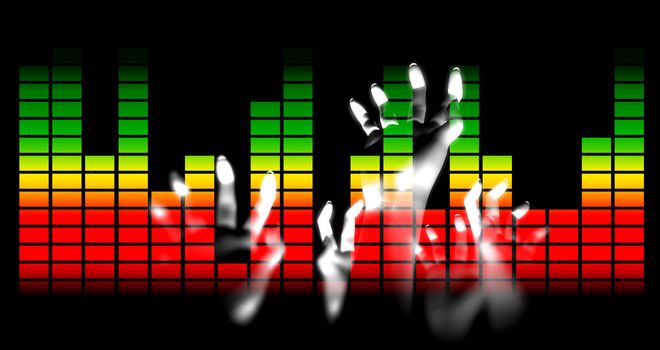Outreaching hands overlaid over graphic soundwave bars.