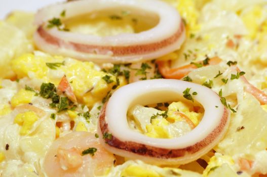 seafood salad background with squid rings on the top