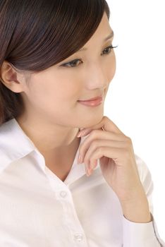 Attractive businesswoman portrait of Asian closeup image on white background.