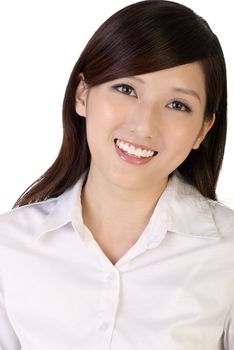 Happy businesswoman portrait with smiling expression closeup image.