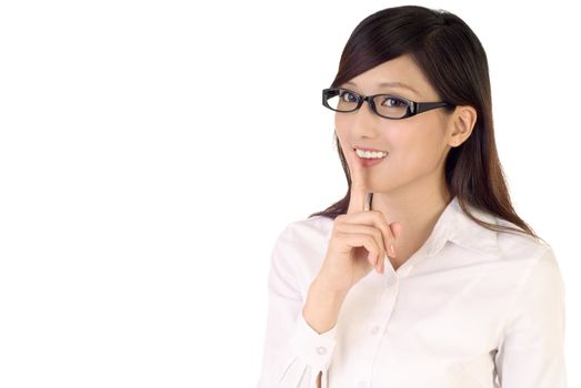 Silent gesture by businesswoman with smile on white background.