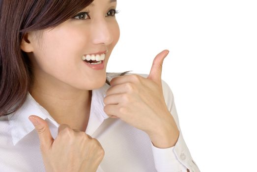 Happy smiling businesswoman with gesture on white background.